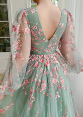 Naomi | Stunning Sage Green Long Sleeve Flower Corset Prom Dress - Sage Floral - PromDressClub